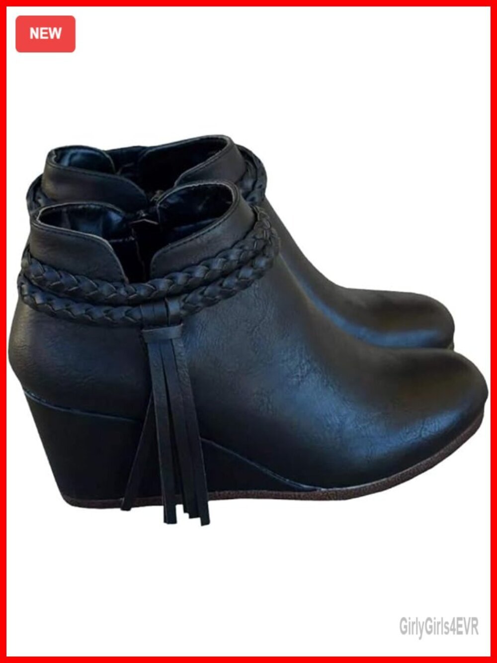 Faux Suede Wedge Ankle Boots with Braided Fringe Strap Western Heeled Booties